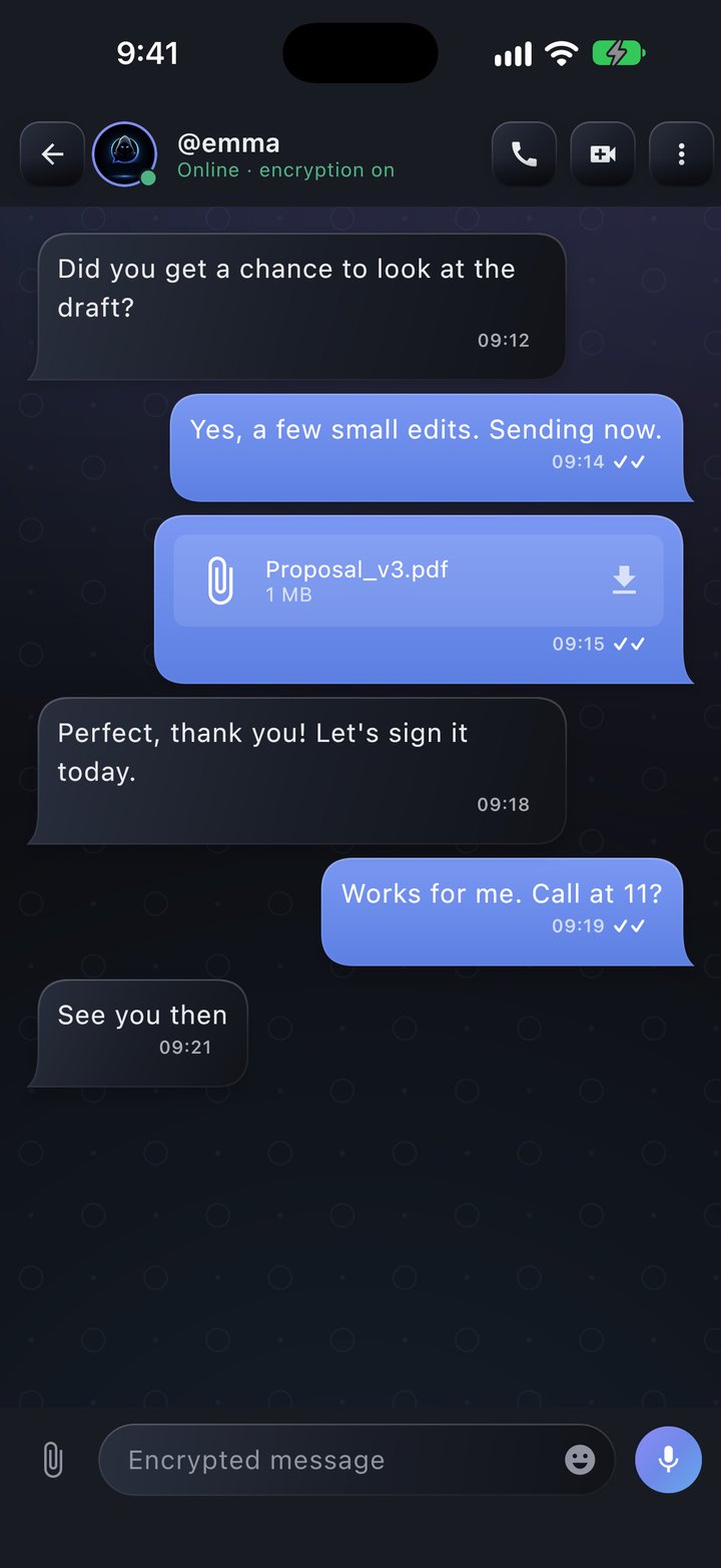 Encrypted chat in the Umbera anonymous messenger