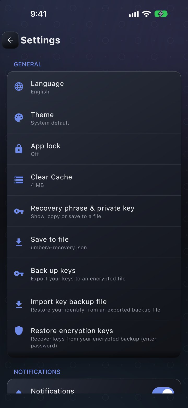 Umbera privacy settings